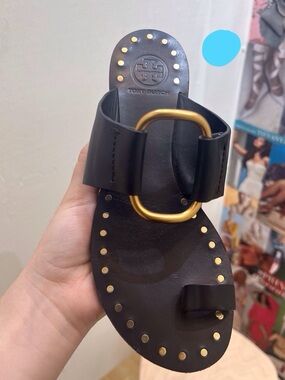 Tory Burch Black Leather Slide with Gold Ring & Studs